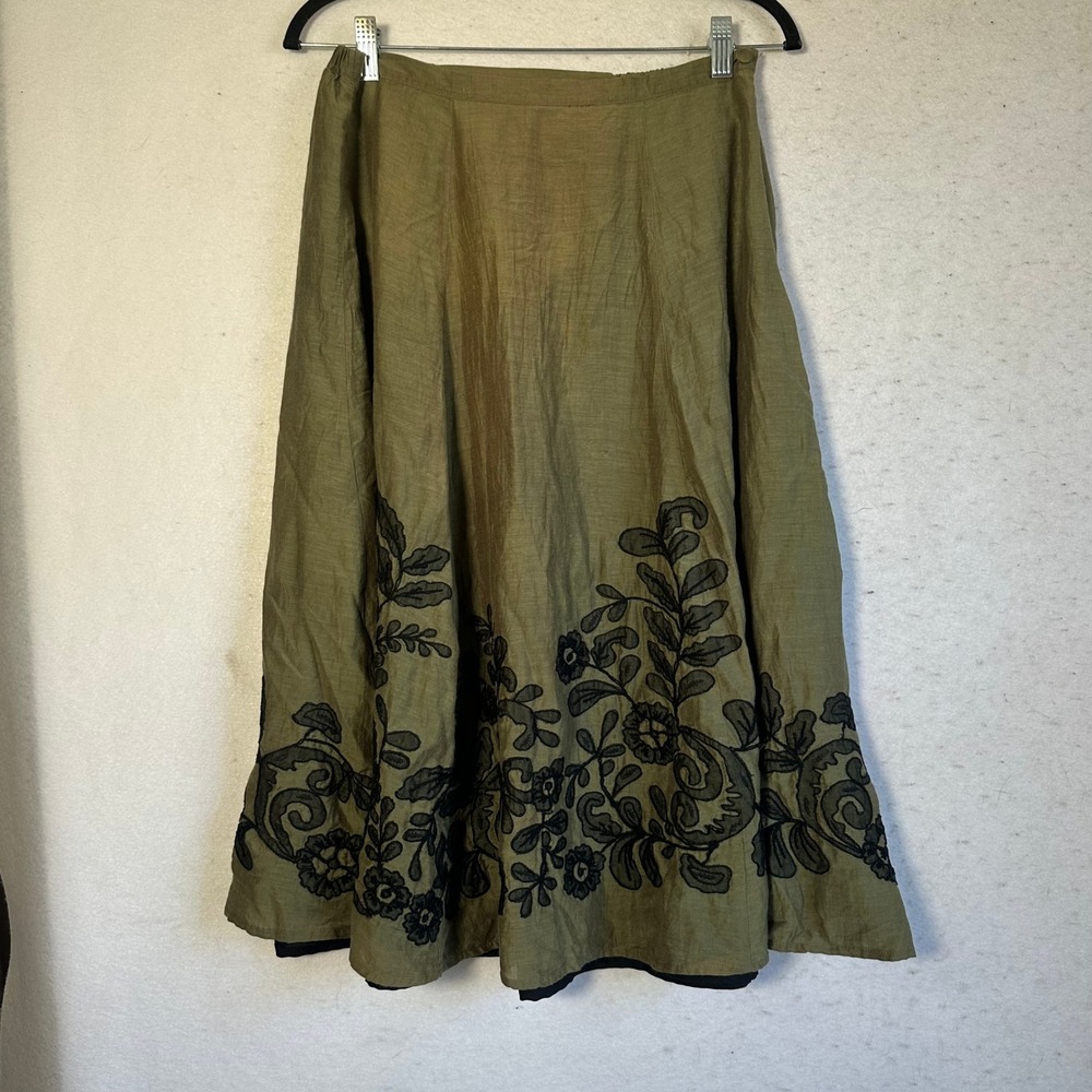 Chicos Silk Blend Embroidered Midi Skirt Olive Green Fairygrunge Floral Sz 8/10